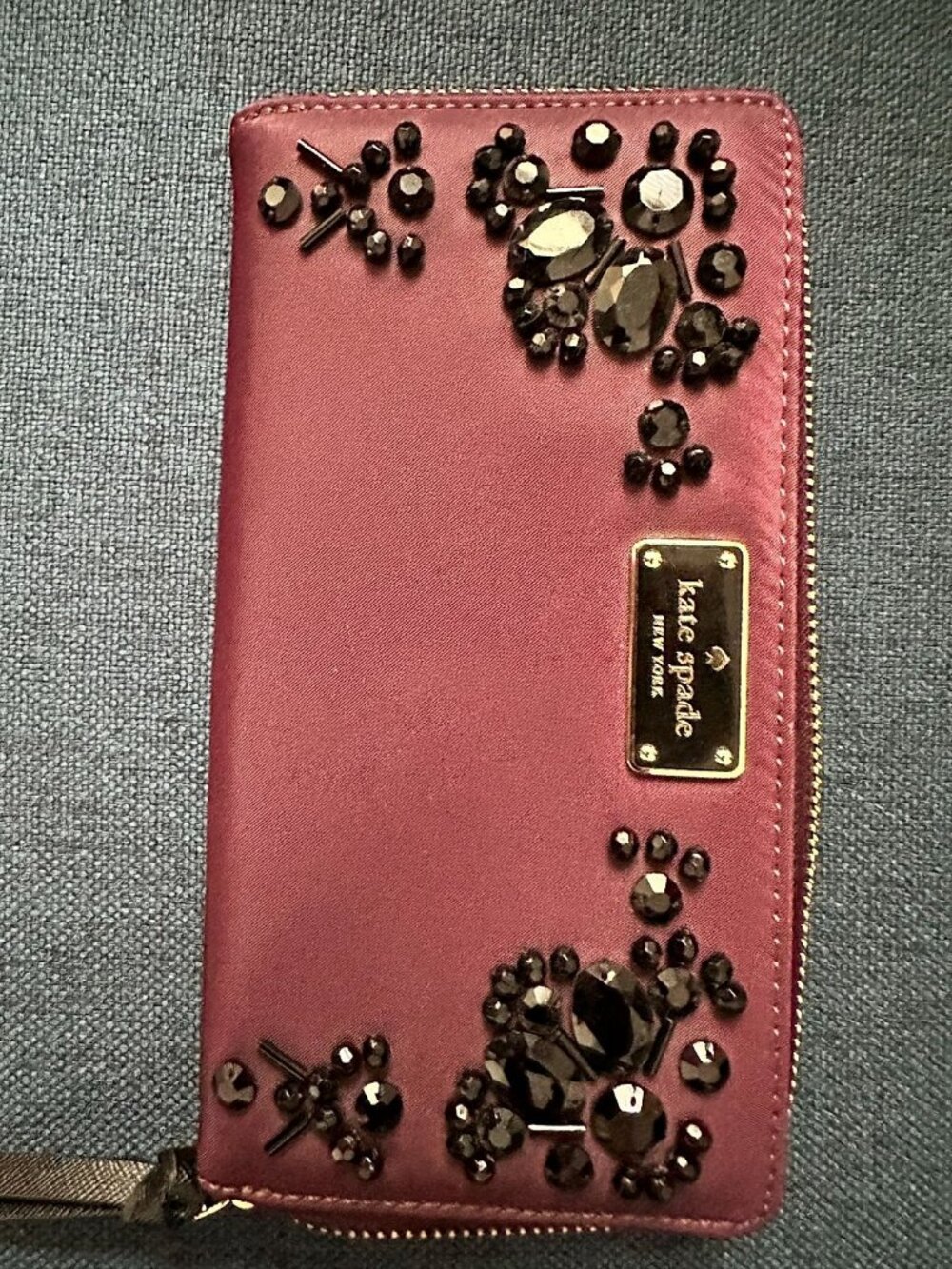 Kate Spade New York Burgundy Satin Embellished Zip-Around Continental Wallet wit